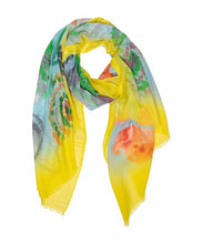 Load image into Gallery viewer, Lange Sjaal van Moment Amsterdam met afbeeldingen in de prachtige multi kleuren, geel, blauw, groen. Deze sjaal is in verschillende kleuren verkrijgbaar: Bright Pink, Yellow. De afmeting van deze sjaal is 180cm x 100cm. Met deze sjaal maak jij jouw outfit helemaal compleet.