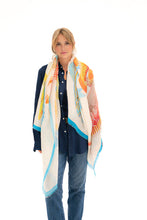 Load image into Gallery viewer, Ecru Sjaal 105 Mandarin Red is een prachtige grote linnen sjaal van Moment Amsterdam Collectie. Sjaal in de basis kleur ecru, aquablauw en warm oranje. Met deze sjaal met vissenprint maak jij jouw outfit helemaal compleet.