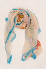 Load image into Gallery viewer, Ecru Sjaal 105 Mandarin Red is een prachtige grote linnen sjaal van Moment Amsterdam Collectie. Sjaal in de basis kleur ecru, aquablauw en warm oranje. Met deze sjaal met vissenprint maak jij jouw outfit helemaal compleet.