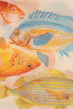 Load image into Gallery viewer, Ecru Sjaal 105 Mandarin Red is een prachtige grote linnen sjaal van Moment Amsterdam Collectie. Sjaal in de basis kleur ecru, aquablauw en warm oranje. Met deze sjaal met vissenprint maak jij jouw outfit helemaal compleet.