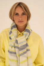 Load image into Gallery viewer, Ecru Sjaal van de Moment Amsterdam Collectie met afmeting 180cm x 100cm, in de kleuren ecru, grijs en felgroen. Met deze sjaal kun je jouw compleet witte outfit nét dat beetje extra kleur geven, prachtig!