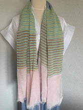 Load image into Gallery viewer, Lichtroze Sjaal Ariane Pistache Green heeft de afmeting 180cm x 100cm. Een mooie gestreepte sjaal van Moment Amsterdam Collectie in de kleuren roze, groen, blauw, oranje en ecru. Deze sjaal met item referentie 23.306.25 geeft jouw outfit net wat extra's. Bestel deze sjaal nu online bij Yucicoco.