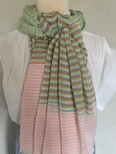 Load image into Gallery viewer, Lichtroze Sjaal Ariane Pistache Green heeft de afmeting 180cm x 100cm. Een mooie gestreepte sjaal van Moment Amsterdam Collectie in de kleuren roze, groen, blauw, oranje en ecru. Deze sjaal met item referentie 23.306.25 geeft jouw outfit net wat extra's. Bestel deze sjaal nu online bij Yucicoco.