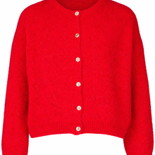 Afbeelding in Gallery-weergave laden, Rood Vest Grande Chic in de kleur rouge (2986). Vest met ronde hals, lange mouwen en knoopjes. Super Zacht Vest en Trui ineen, nu al een bestseller!