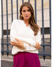Load image into Gallery viewer, Beige Trui Malary is een fijn gebreide trui met lange mouwen en een ronde halslijn met V-hals. De halslijn heeft een detail van broderie, hierdoor lijkt het alsof je een blouse draagt onder deze trui. is De trui is verkrijgbaar in één maat, is geschikt voor maat S t/m L.