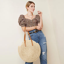 Afbeelding in Gallery-weergave laden, Beige strandtas met leren handvatten