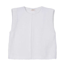 Load image into Gallery viewer, Wit Gilet LEGIGI heeft een gebreide moussesteek, is een recht model en valt op heuphoogte. Mouwloos gilet heeft een open ronde hals en een geribde afwerking. Dit leuke gilet is verkrijgbaar in verschillende kleuren: Vert (mosgroen), Ecru, Sahara (camel), Menthe (felgroen), Malabar (oudroze), Blanc (wit), Mint. Combineer het LEGIGI gilet met een t-shirt of blouse.