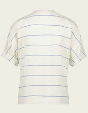 Load image into Gallery viewer, Topblouse Helga is een luchtige blouse van katoen, heeft een V-hals, drukknoopjes, een korte mouw met elastieken band. De blouse is een klassieke stijl en de basis kleur van deze topblouse is offwhite met een blauwe streep. Blouse Helga is goed te combineren met de Pants Annabel in Blue. Een pracht van een casual set, vrouwelijk, klassiek en stijlvol.