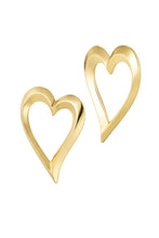 Load image into Gallery viewer, Goudkleurige Statement Oorbellen in de vorm van een sierlijk hart van Yehwang. Mega trendy en superleuk te combineren met meerdere sieraden met hartjes details. De oorbellen zijn gemaakt van aluminium en hebben een afmeting van 5,3 cm. 
