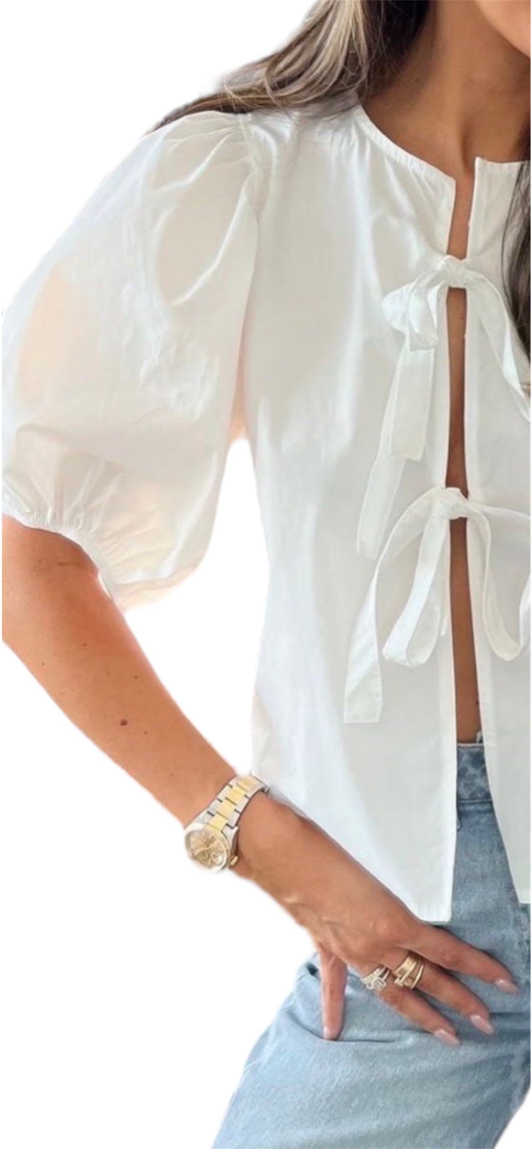 Blouse Top met ballon mouw en strikjes