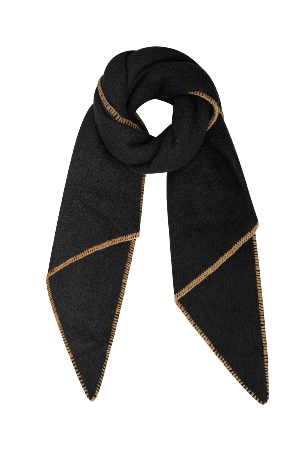 Zwarte Sjaal met bruine stiksels. Warm en cosy, perfect voor aankomend seizoen. De sjaal is groot waardoor je de sjaal op meerdere manieren kunt dragen. Deze trendy sjaal is lekker zacht en gemaakt van acryl en is verkrijgbaar in verschillende kleuren, roze, wit, zwart en beige/taupe. Lengte van de sjaal is 180cm x 50cm.