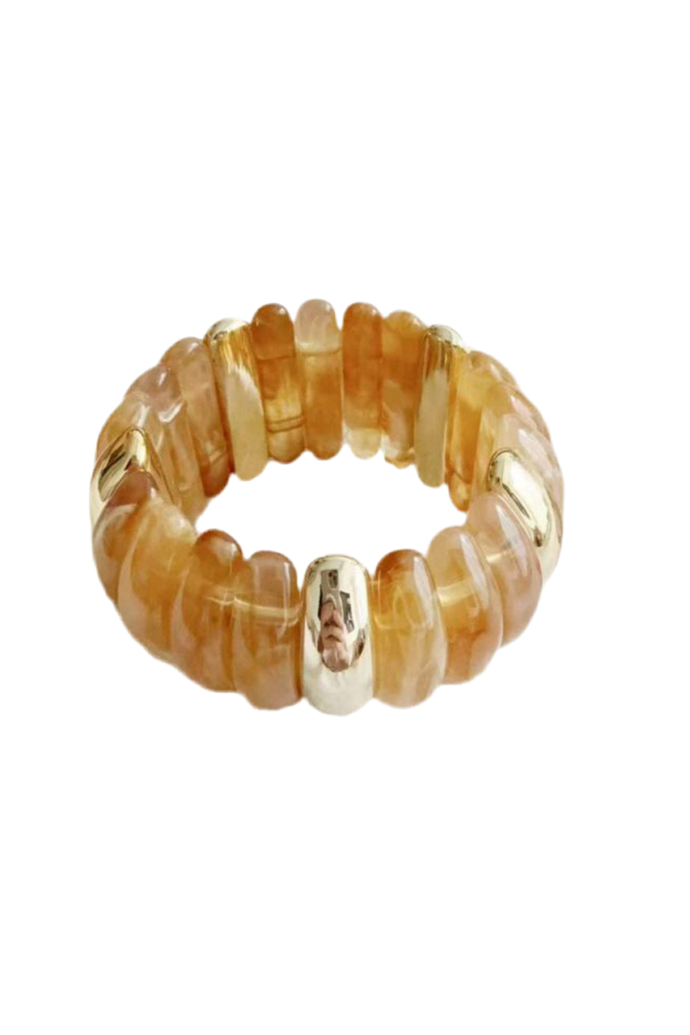 Een grove armband met ovale kralen in Camel en goud. Deze armband past altijd, door elastiek. Een prachtige statement armband!