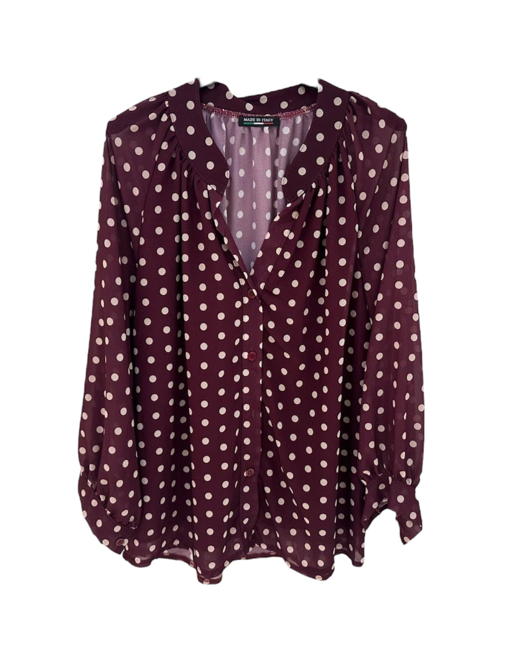 Bordeaux Blouse Polkadot met ecru stippen, is een translucent blouse, gevoerd op het voorpand met knoopjes en een V-hals. Ook verkrijgbaar in bruin.