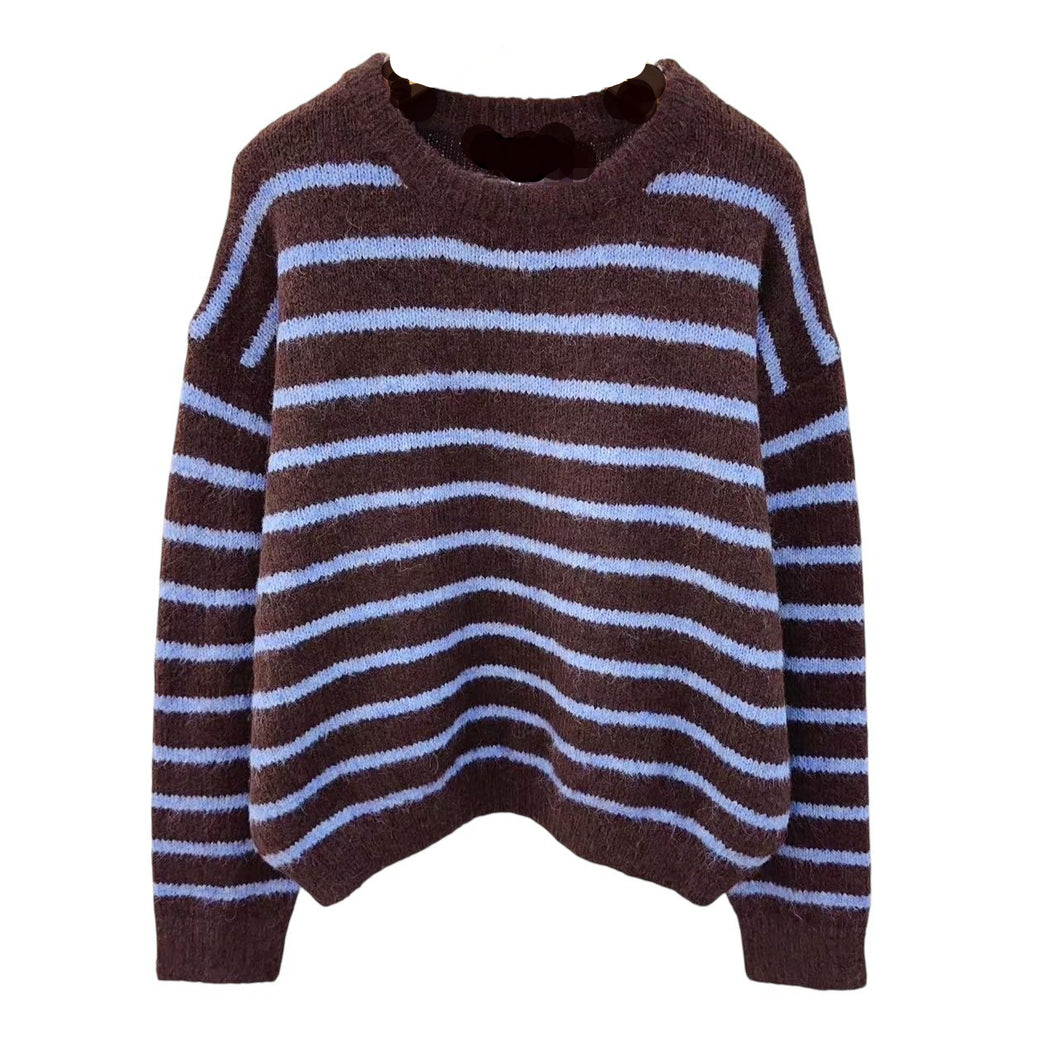 Bruine Trui Gestreept, in de vrolijke kleurencombinatie bruin met blauw. Knitwear Trui met boothals en lange mouwen. Superleuk trendy en speelse trui. Bestel nu!