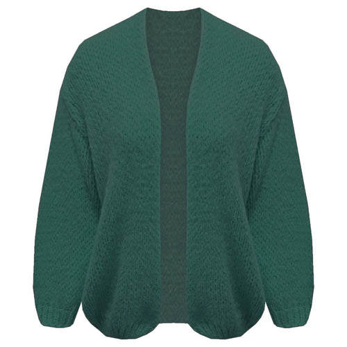 Donkergroen Vest, een oversized grofgebreid vest met pofmouwen. Vest is one size, maat S t/m XXL en in verschillende kleuren. Vest kriebelt en pikt niet!