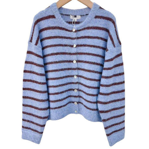Blauw Gestreept Vest, in de vrolijke kleurencombinatie blauw met bruin. Knitwear Vest met boothals, lange mouwen en knoopjes. Superleuk trendy en speels vest!