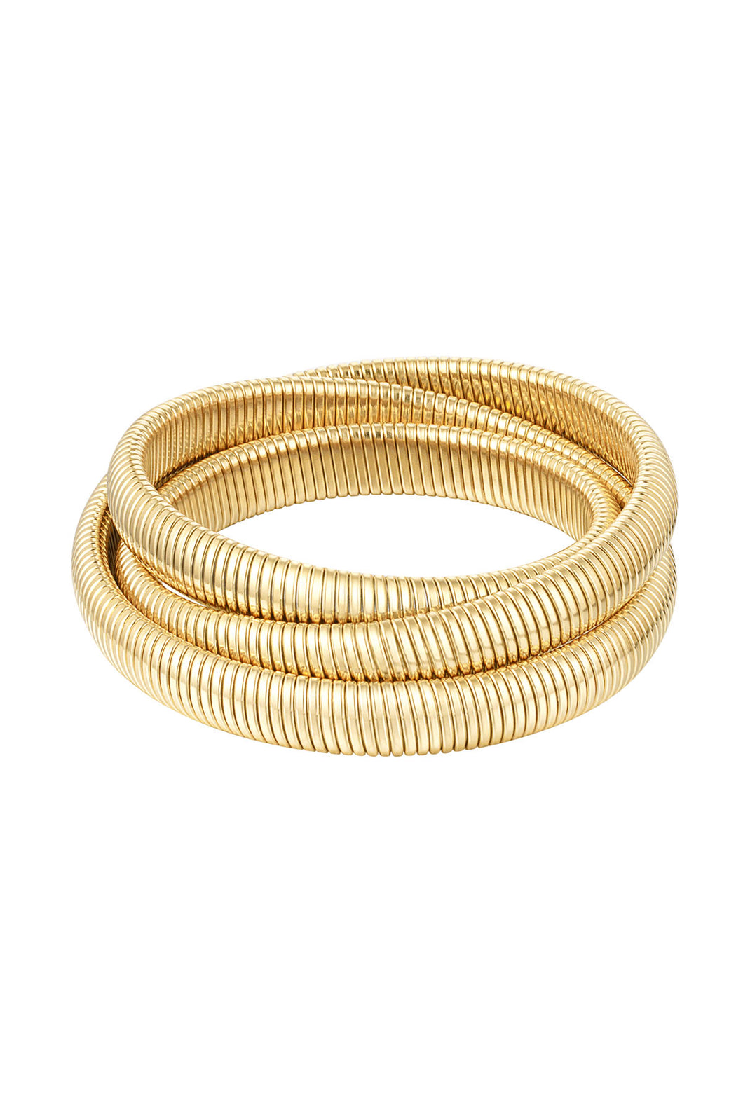 Goudkleurige Bohemian Armband, model driedubbel. Deze armband heeft een breedte van ca. 1cm, is licht elastisch en is van stainless steel. 