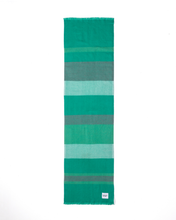 Load image into Gallery viewer, Groene Sjaal Copenhagen is een zachte sjaal van gemengde stof met modern strepenpatroon. Deze warme en zachte sjaal is van de Moment in May Collectie, van gemengde stof met franjeafwerking. Een hedendaagse sjaal met klassieke strepen.
