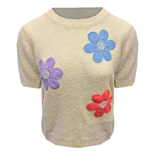 Trui Fleur Beige is een korte grofgebreide trui met gekleurde bloemen applicaties en pareltjes en steentjes. Geweldig leuke trui. Trui Fleur heeft een ronde boord en korte mouwen. Een casual trui, goed te combineren met een (korte) jeans of een legging. Deze trui is verkrijgbaar in one size, draagbaar voor maat S t/m L en is verkrijgbaar in verschillende kleuren: Beige, Roze, Blauw, Groen.