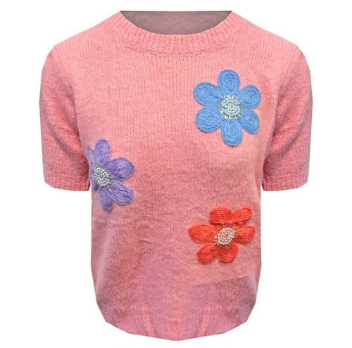 Roze Trui Fleur is een korte grofgebreide trui met gekleurde bloemen applicaties en pareltjes en steentjes. Geweldig leuke trui. Trui Fleur heeft een ronde boord en korte mouwen. Een casual trui, goed te combineren met een (korte) jeans of een legging. Deze trui is verkrijgbaar in one size en in verschillende kleuren.