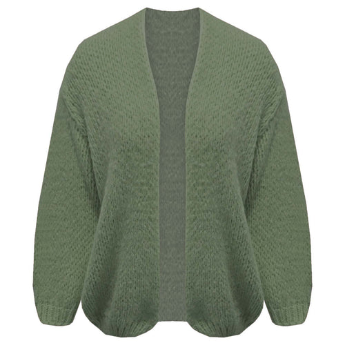 Mosgroen Vest, een oversized grofgebreid vest met pofmouwen. Vest is one size, maat S t/m XXL en in verschillende kleuren. Vest kriebelt en pikt niet!