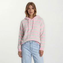 Afbeelding in Gallery-weergave laden, Roze Hoodie Trui Gestreept, in de vrolijke streep roze met mintgroen. Knitwear Trui met capuchon en lange mouwen. Superleuke trendy trui. Bestel nu!
