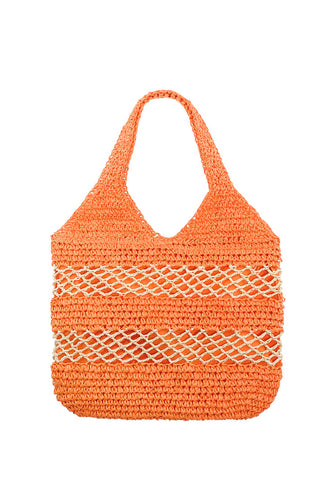 Strandtas Ibiza Oranje. Deze stijlvolle strandtas combineert een zomerse rieten look met een frisse, prachtige groene tint. Tas Ibiza is een gevoerde schoudertas met een rieten look en is verkrijgbaar in verschillende kleuren: Groen, Oranje.
