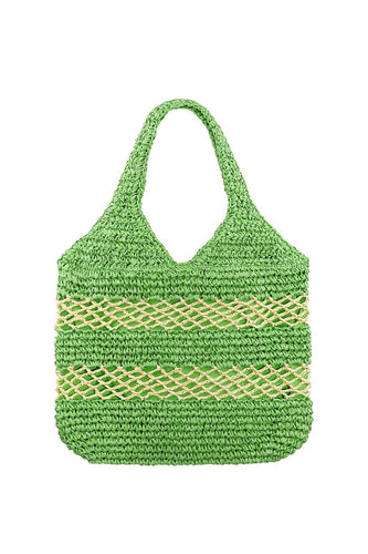 Strandtas Ibiza Groen. Deze stijlvolle strandtas combineert een zomerse rieten look met een frisse, prachtige groene tint. Tas Ibiza is een gevoerde schoudertas met een rieten look en is verkrijgbaar in verschillende kleuren: Groen, Oranje.