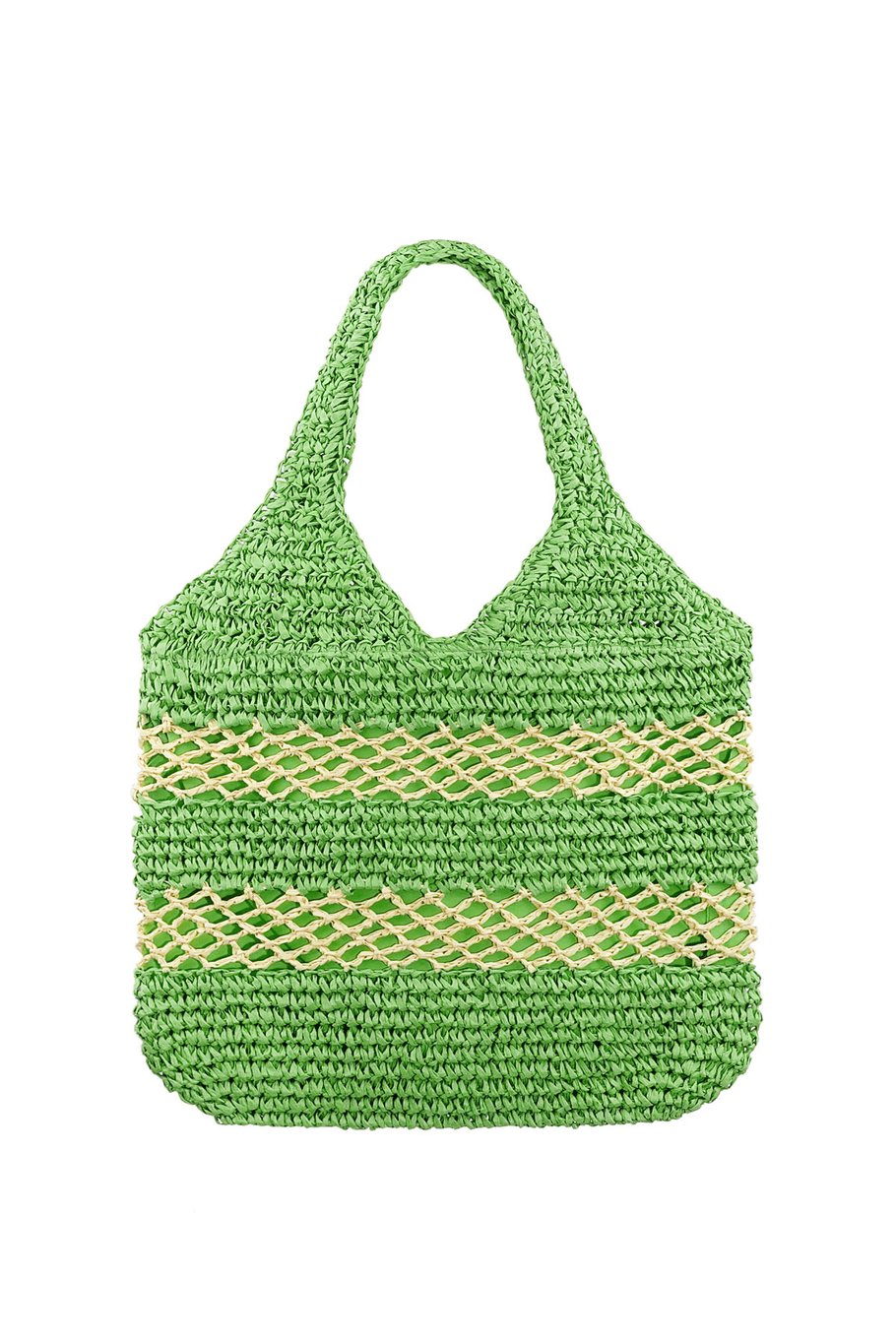 Strandtas Ibiza Groen. Deze stijlvolle strandtas combineert een zomerse rieten look met een frisse, prachtige groene tint. Tas Ibiza is een gevoerde schoudertas met een rieten look en is verkrijgbaar in verschillende kleuren: Groen, Oranje.