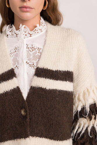 Beige Vest met Bruin en Franjes. Vest is one size, draagbaar van maat S t/m XL.