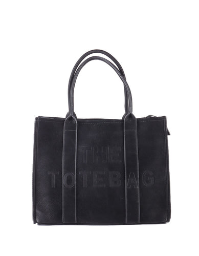 Zwarte Tas, type Tote Bag is een kunstlederen handtas met 'The Tote Bag' op voor- en achterkant. Deze tas is ideaal voor werk en school, biedt veel opbergruimte