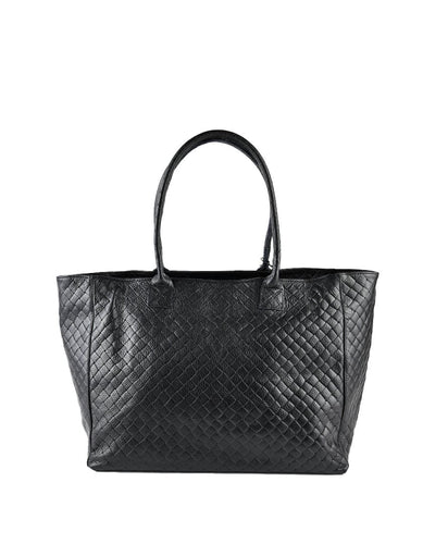 Zwarte lederen tas met een fijn gevlochten look, een shopper met veel opbergruimte. Tijdloos en elegant, ideaal voor zowel werk als casual gebruik.