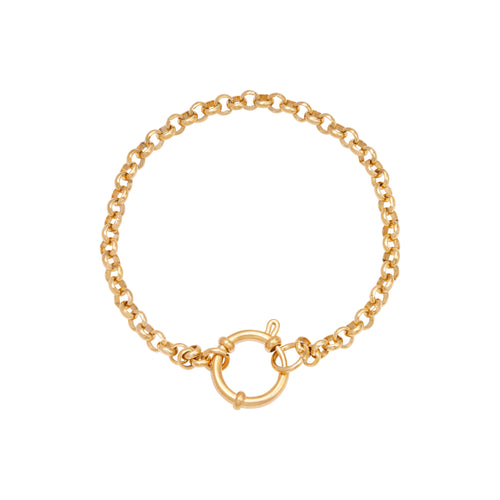 Armband Round Chain Rylee heeft ronde kleine schakels. En heeft een groot slot, om leuke bedels aan te hangen. De lengte van de armband is 18,5cm, in goudkleurig stainless steel.