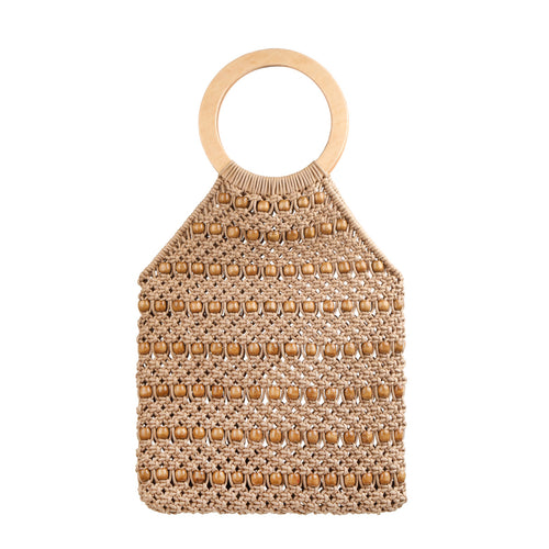 Bruine kralen tas, handgemaakte tas met kralen en een rond handvat.