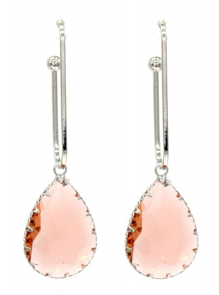 Roze oorbellen met druppelvormige roze steen, type oorstekers. Deze mooie oorbellen zijn van zilverkleurig stainless steel met een siersteen. De afmeting van deze oorbellen is 6cm x 2cm.