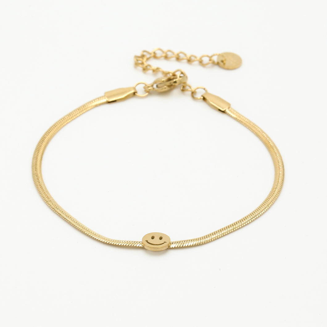 Armband Snake met Smiley is een leuke armband met snake schakel en een smiley als hanger. De lengte van de armband is 16cm, in goudkleurig stainless steel.