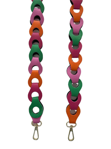 Lederen Bagstrap Big, schouderband voor aan een tas. De band is ca. 4cm breed en is niet verstelbaar. De schouderband is in verschillende kleuren verkrijgbaar: Multicolor Groen-Roze-Oranje-Magenta, Wit-Beige-Goud metallic, Zwart mat.