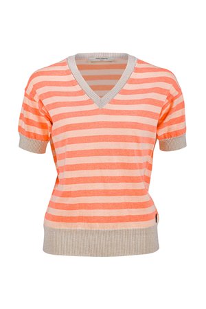 Gestreepte top van Dame Blanche, Top Carpi-887 Cari Coral is een mooie frisse gestreepte top met coraal en zalm kleur. Deze top is verkrijgbaar in verschillende kleuren: Coral en Yellow.