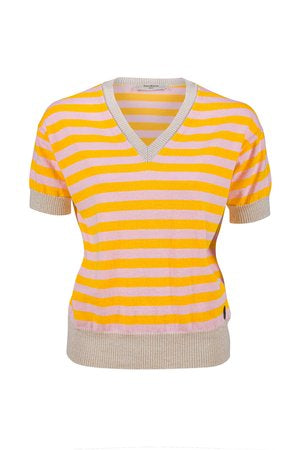 Gestreepte top van Dame Blanche, Top Carpi-887 Cari Yellow is een mooie frisse gestreepte top met geel en lila. Deze top is verkrijgbaar in verschillende kleuren: Coral en Yellow.