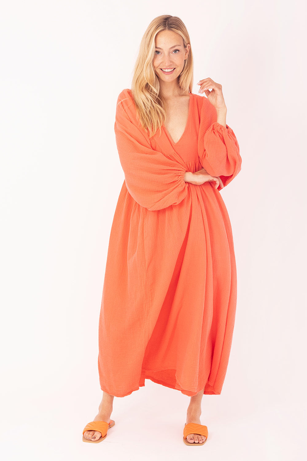 Jurk Maxi Wafelstof met V-hals Oranje