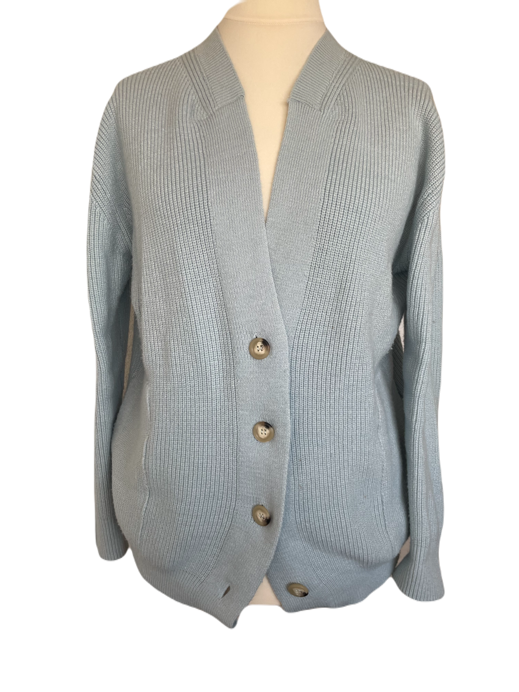 Lichtblauw Vest Santo van My Favourite Piece is van een heerlijk zachte stof, een mooie knitwear. Vest heeft een V-hals, lange mouwen, zakken en knopen om het vest te sluiten. Prachtig vest van viscose, goed te combineren met een travel blouse of top!