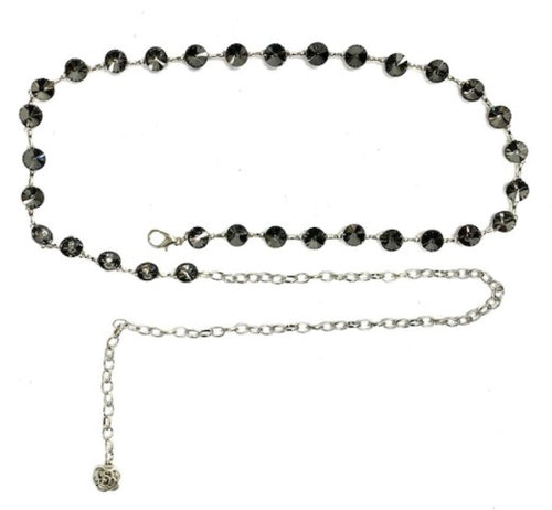 Riem Ketting met Glaskralen Zilver wordt om de middel gedragen. De chainbelt is één maat, lengte is 120cm en verstelbaar Verkrijgbaar in goud en zilver. 