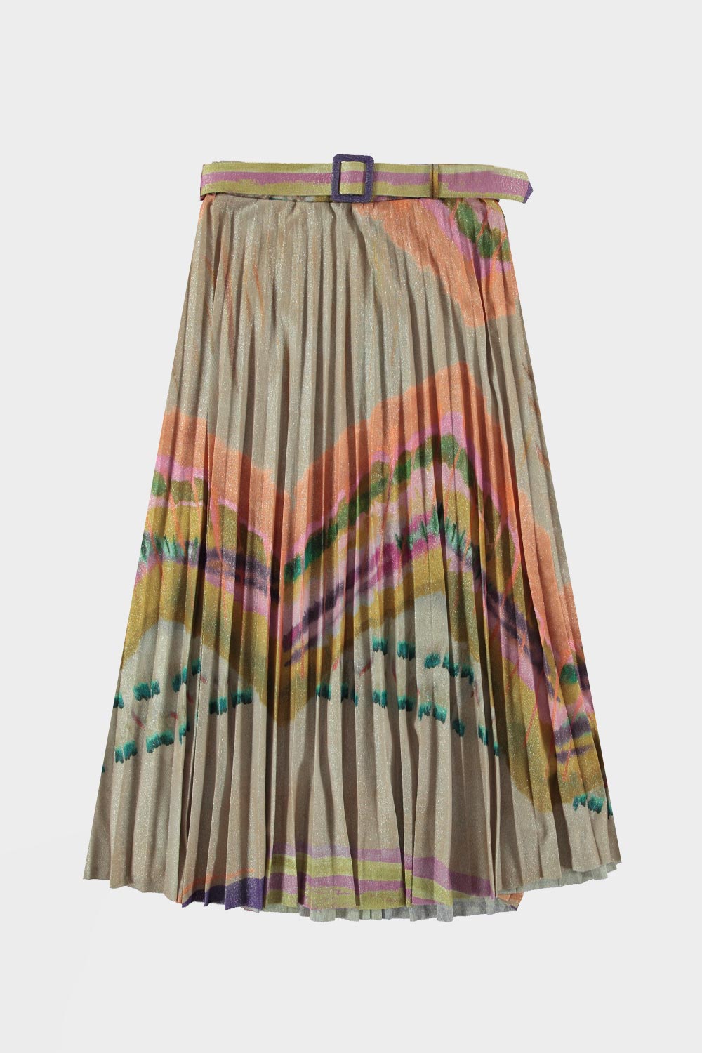 Rok met plooi Lurex is een soepel vallende wijde plissé rok met een mooi patroon in multicolor. Combineer deze mooie rok met een camel effen kleur top. Deze rok is verkrijgbaar in verschillende kleuren: Paars, Groen, Beige.  Rok is one size, draagbaar tot maat 40
