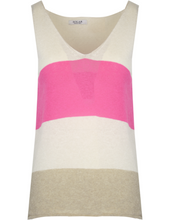 Afbeelding in Gallery-weergave laden, Top Lou Beige Multicolor is een katoenen mouwloze knitwear top met V-hals en een strepen patroon. De top is verkrijgbaar in één maat.
